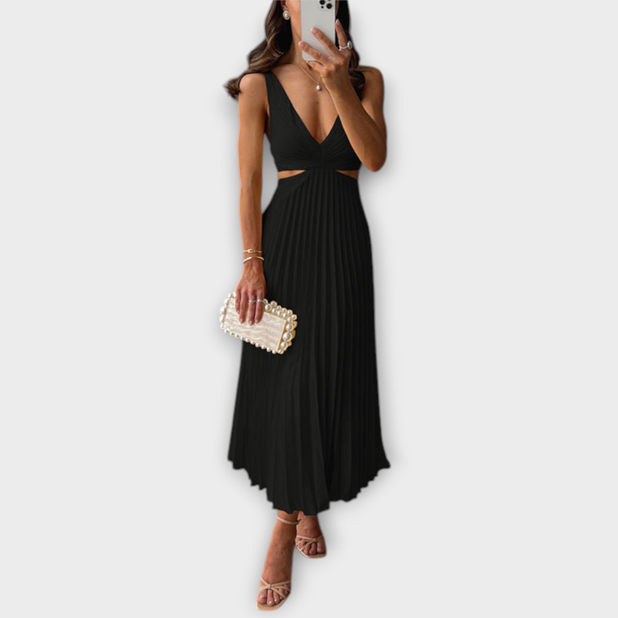 Elegancka midi wieczorowa sukienka z plisowaniem