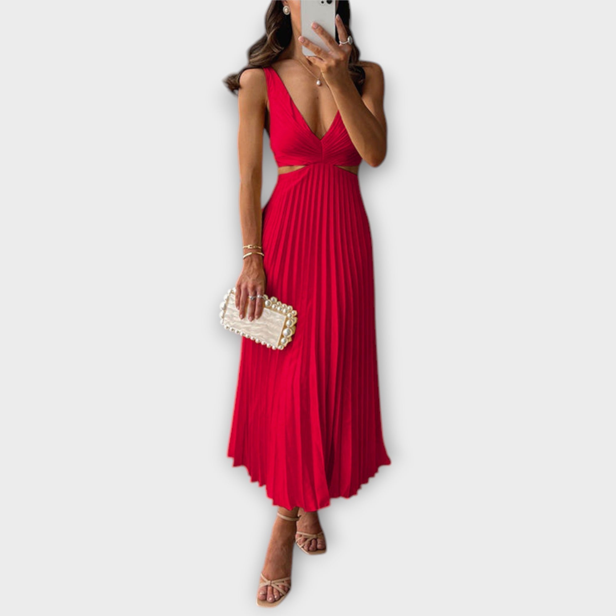 Elegancka midi wieczorowa sukienka z plisowaniem