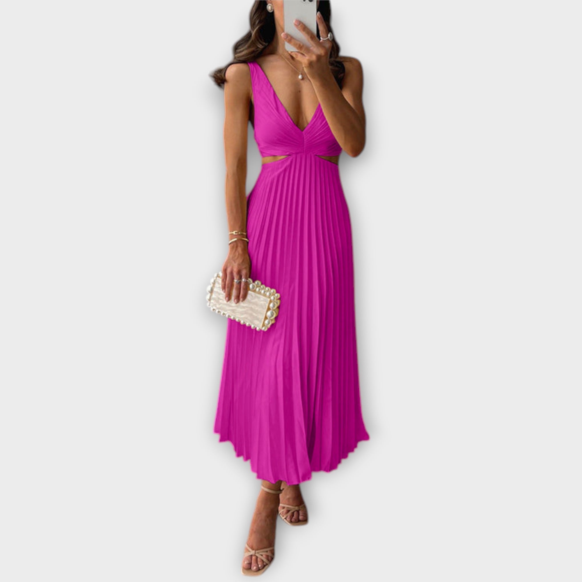 Elegancka midi wieczorowa sukienka z plisowaniem