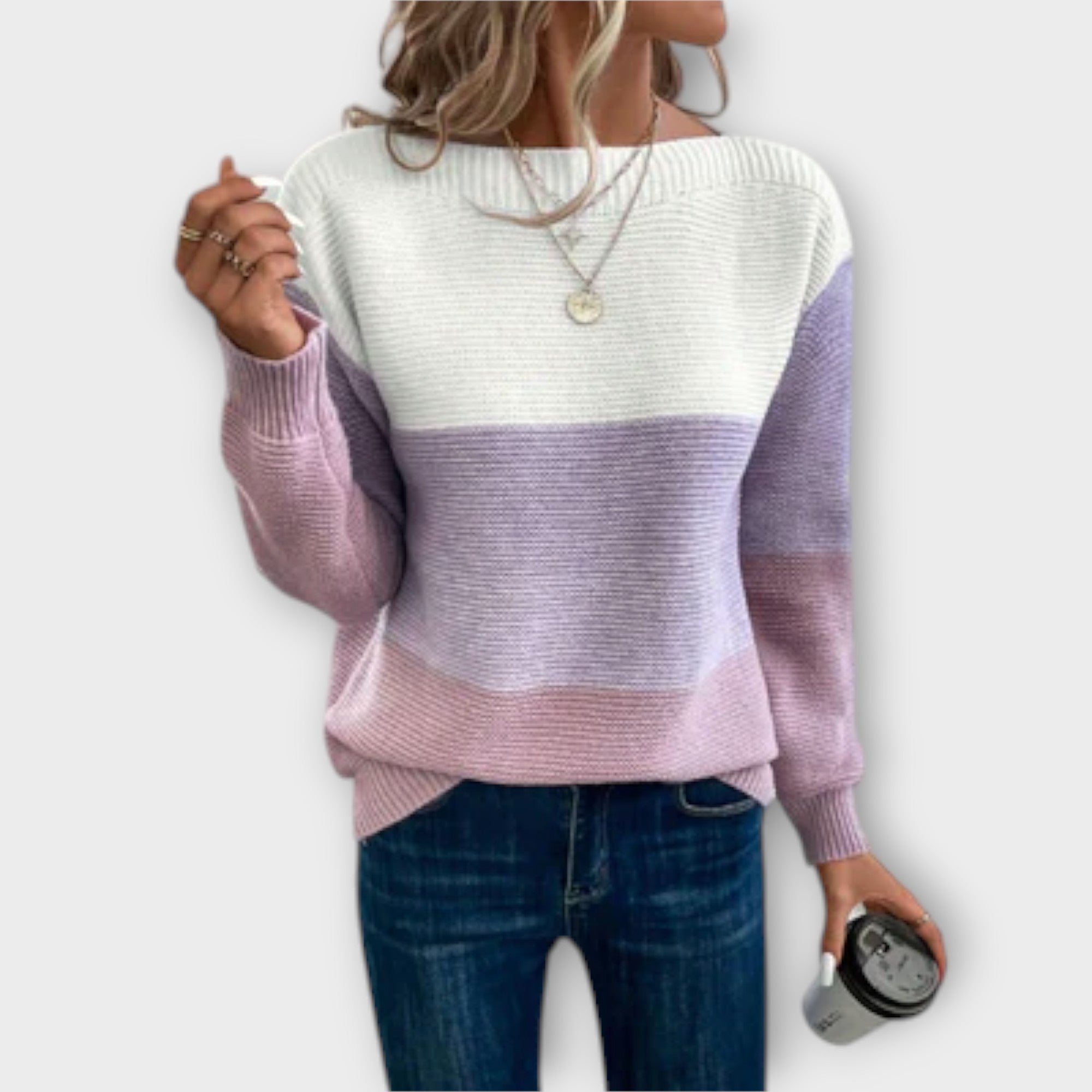 Clara - Elegancki trójkolorowy sweter patchworkowy