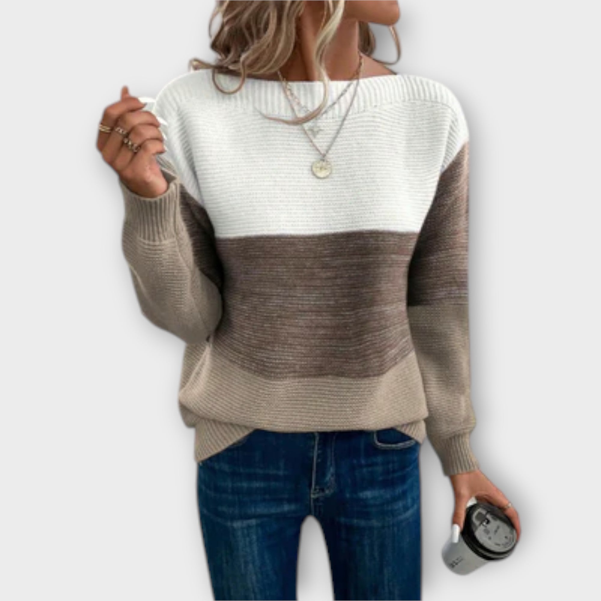 Clara - Elegancki trójkolorowy sweter patchworkowy