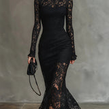 Elwira | Elegancka melna sukienka maxi z koronką