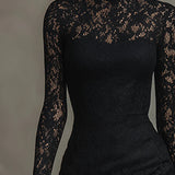 Elwira | Elegancka melna sukienka maxi z koronką