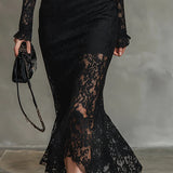 Elwira | Elegancka melna sukienka maxi z koronką