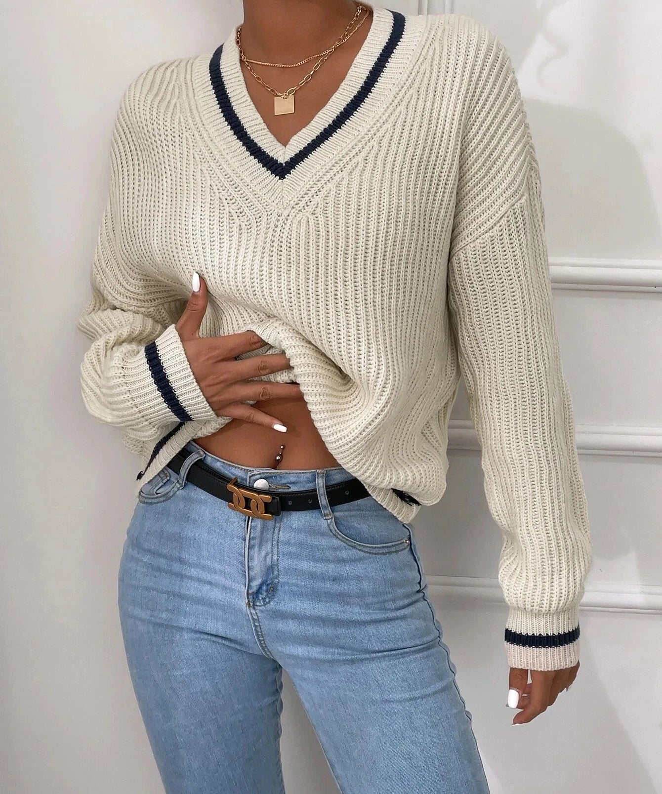 Marina | Pasiasty sweter dzianinowy z wzorem waffle