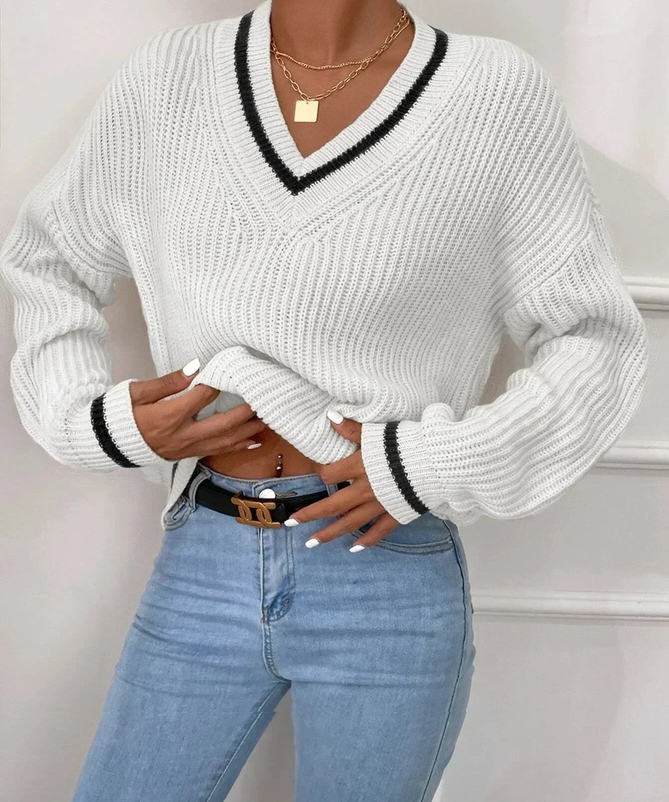 Marina | Pasiasty sweter dzianinowy z wzorem waffle